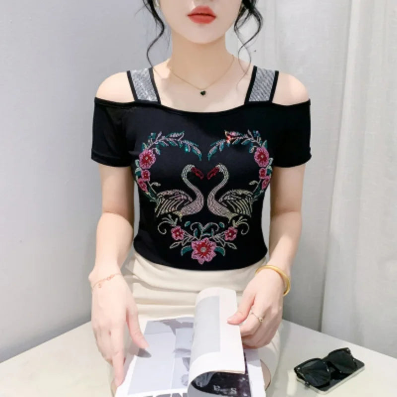 M-3XL Streetwear Luxury Flower Hot Diamonds T-Shirt Women Summer Fashion Sexy Off Shoulder Slim Mesh Tops Female Chic Tees