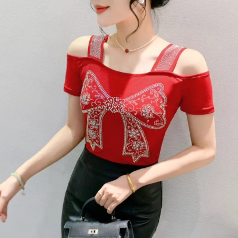 M-3XL Streetwear Luxury Flower Hot Diamonds T-Shirt Women Summer Fashion Sexy Off Shoulder Slim Mesh Tops Female Chic Tees
