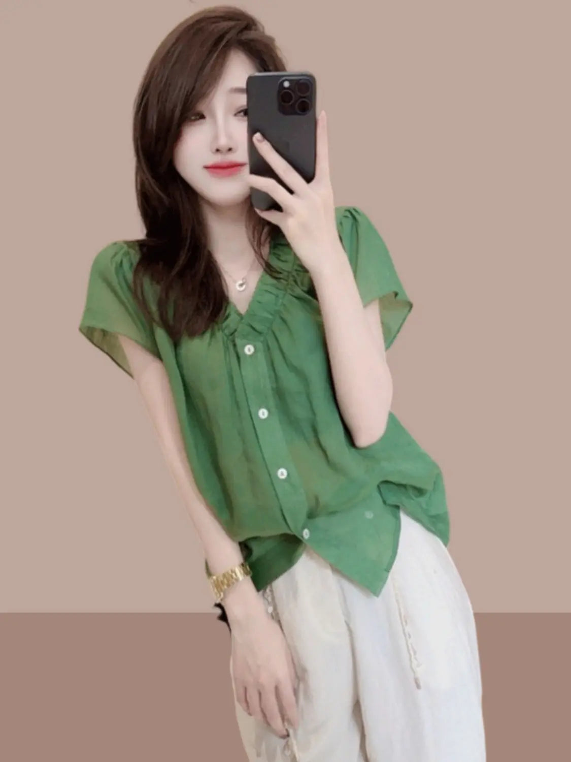 Summer new women's short-sleeved shirt, French stylish blouse, small flutter sleeves, versatile slim-fit top