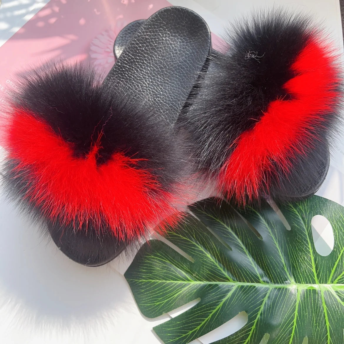 Real Fox Fur Slippers Women Fluffy Slippers With Fur Fashion Beach Shoes Plus Size Shoes Natural Fur Slippers Woman Home Slipper