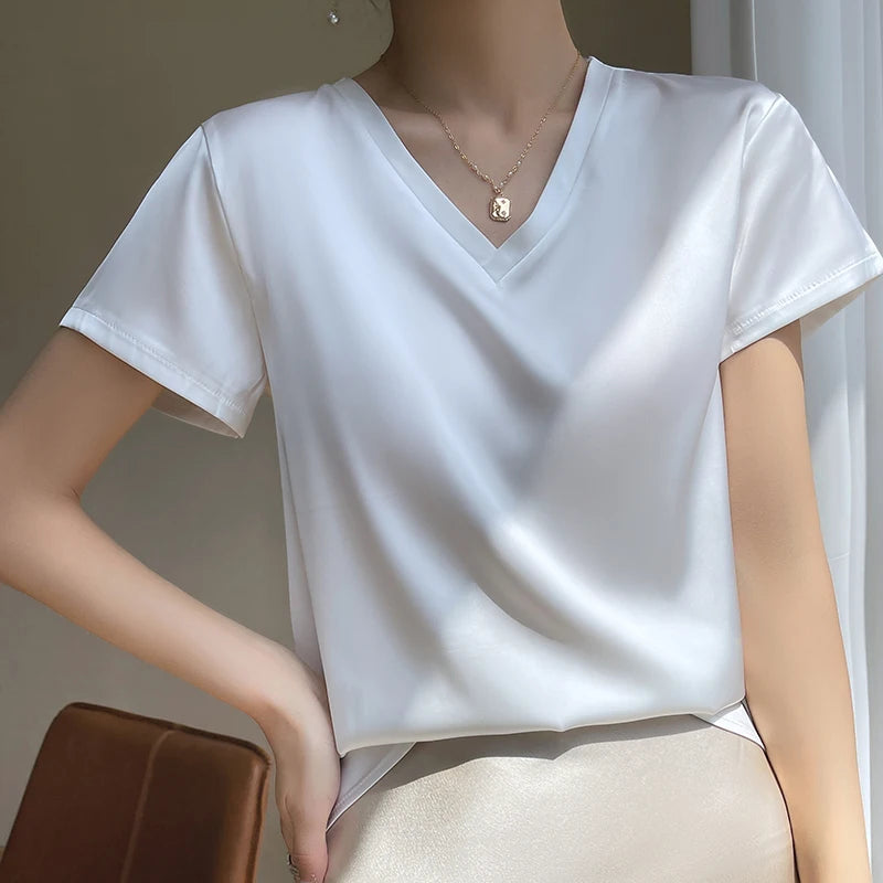 2024 Summer Basic Solid Women's T-Shirts V-Neck Short Sleeve Tees Tops  Satin Silk Elegant Thin Shirts for Female