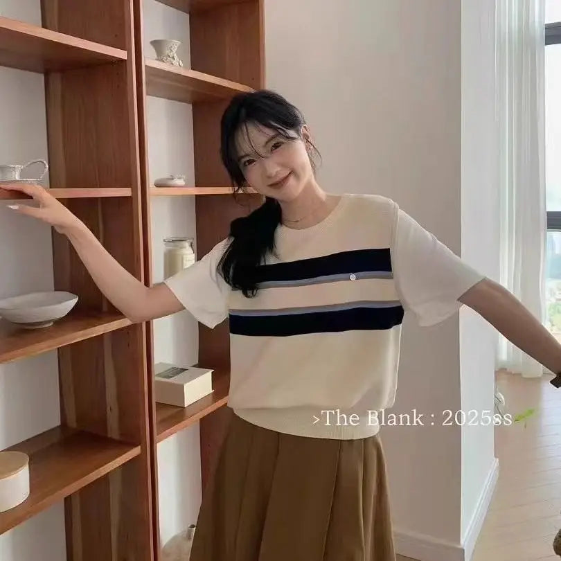 Korean Striped Fake Two-piece Knitted Short Sleeve Shoulder T-shirt for Women in Summer Loose Short Top