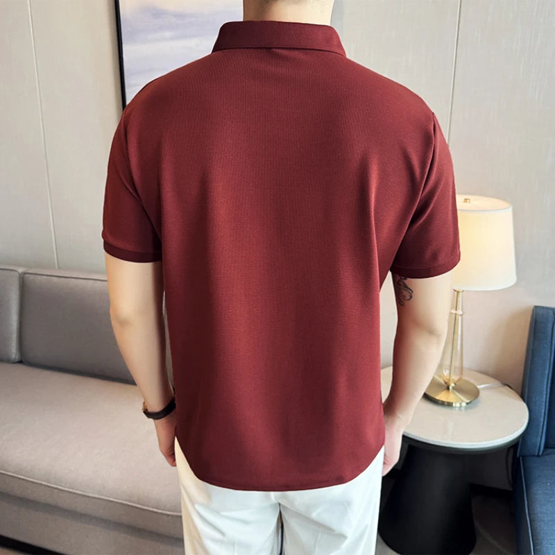 Solid Color Men's Business-casual POLO Shirt, Slim-fit Stretchable Polo Shirt with Polo Collar, Short Sleeve T-shirt for Summer.