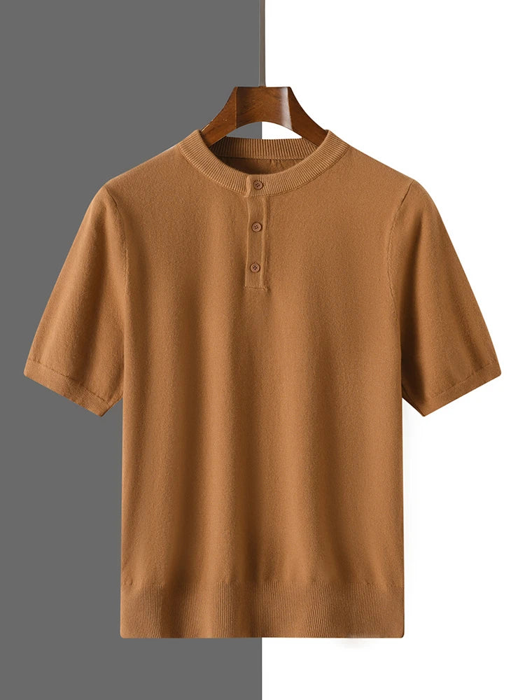 2025 Summer Men's Henley Neck Knitted Solid Color Male Tops T-shirts Comfortable Breathable Short-Sleeved Tee for Casual Wear