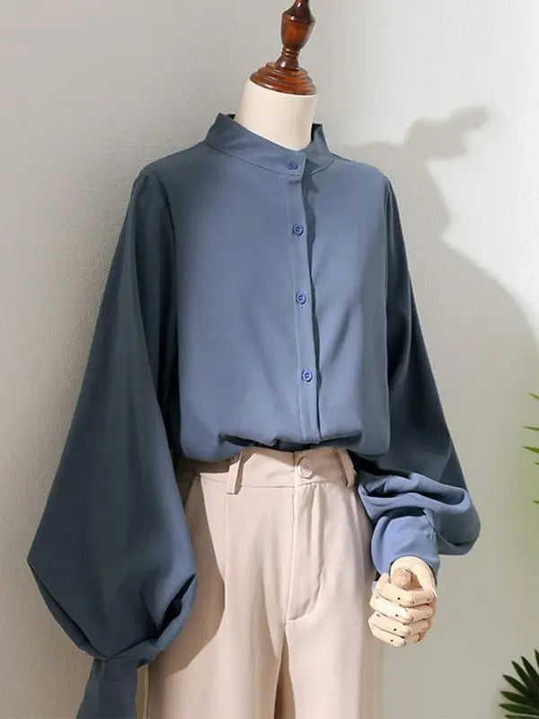 Spring New Style Lantern Sleeve White Shirt Women Long-sleeved Grinding Top Korean Style Loose Stand Collar Puff Sleeve Cardigan