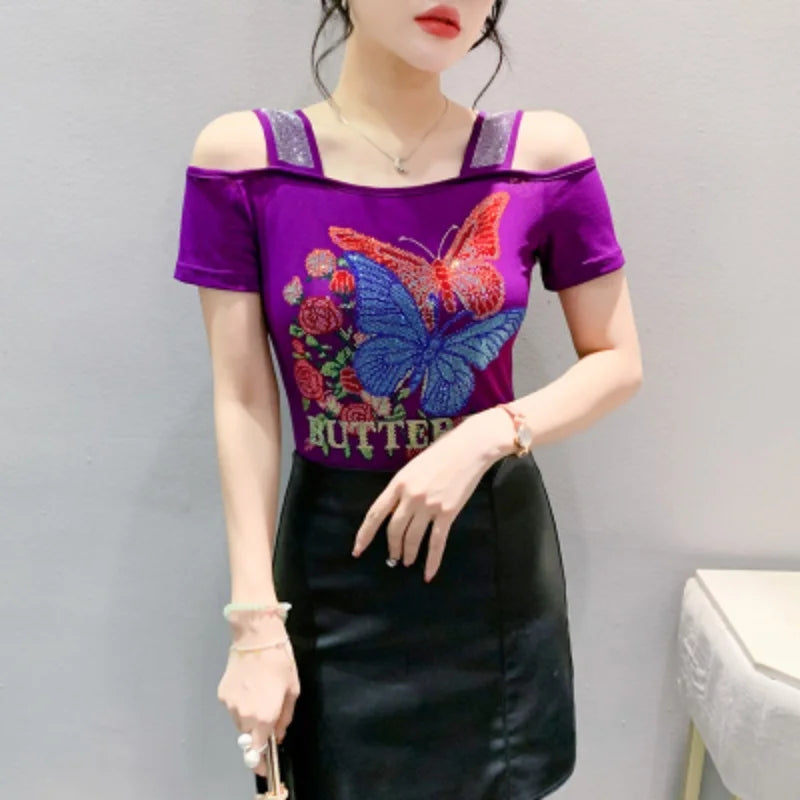 M-3XL Streetwear Luxury Flower Hot Diamonds T-Shirt Women Summer Fashion Sexy Off Shoulder Slim Mesh Tops Female Chic Tees