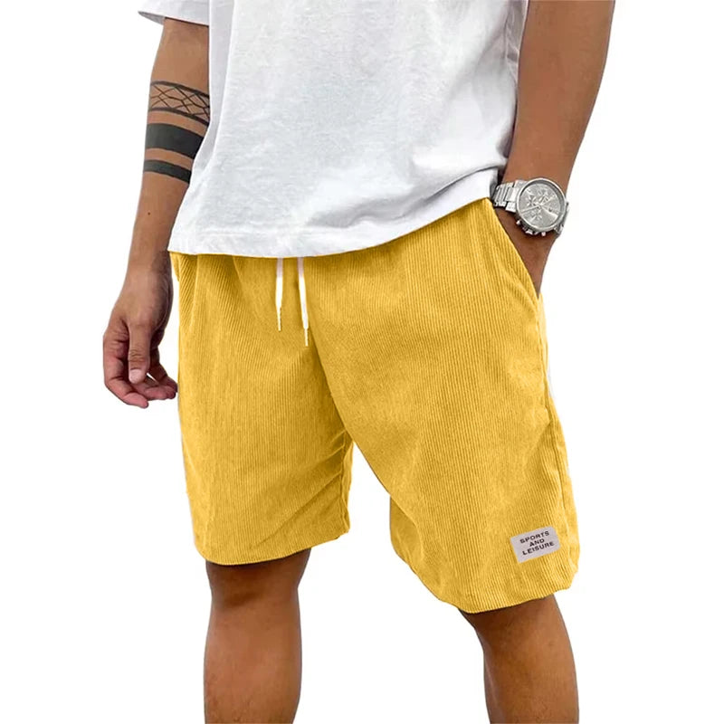 Summer Men's Solid Corduroy Shorts with Drawstring Casual Elastic Waist Fit for Outdoor Daily Activities Streetwear