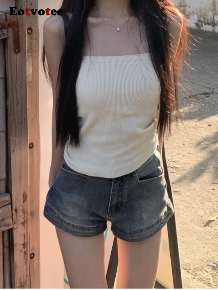 EOTVOTEE Retro High Waist Straight Simple Denim Shorts Y2 Fashion 2025 New High Street Slimming Versatile Button Zipper Shorts