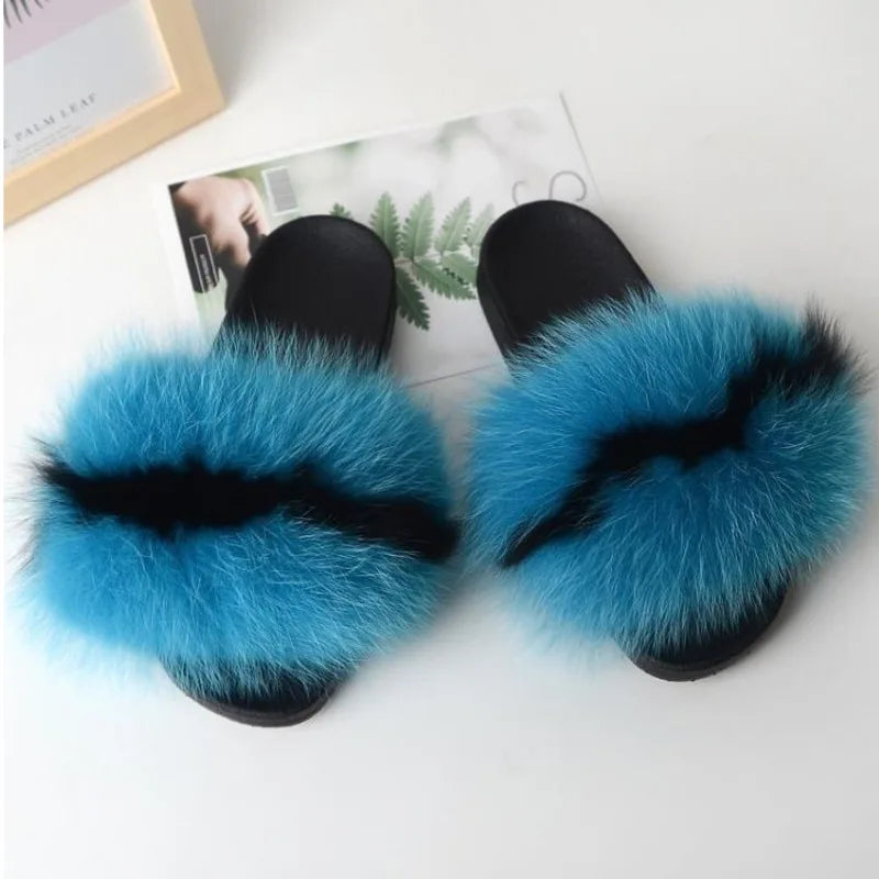 Real Fox Fur Slippers Women Fluffy Slippers With Fur Fashion Beach Shoes Plus Size Shoes Natural Fur Slippers Woman Home Slipper
