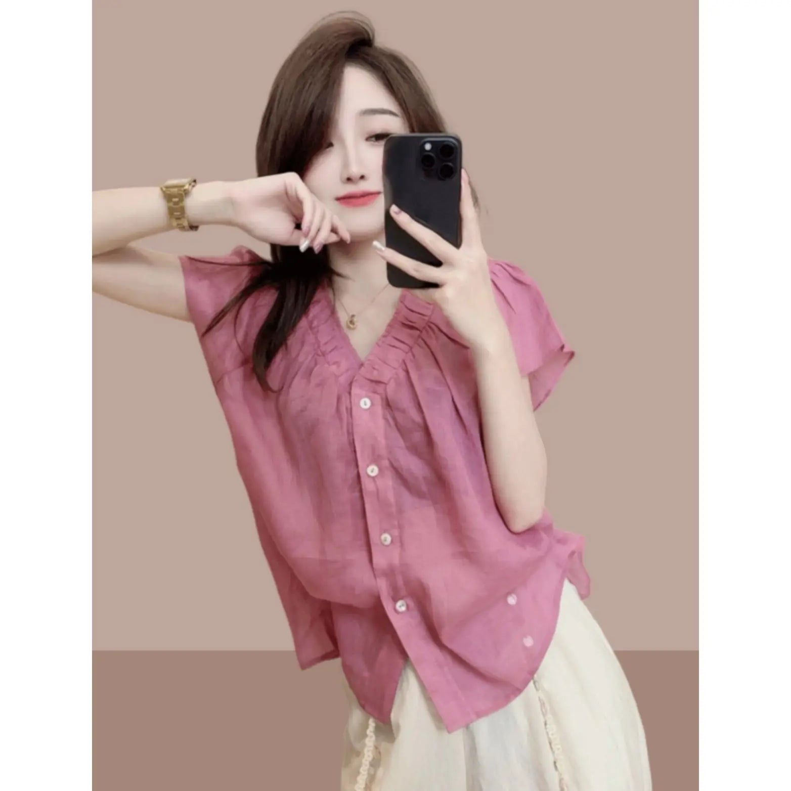 Summer new women's short-sleeved shirt, French stylish blouse, small flutter sleeves, versatile slim-fit top