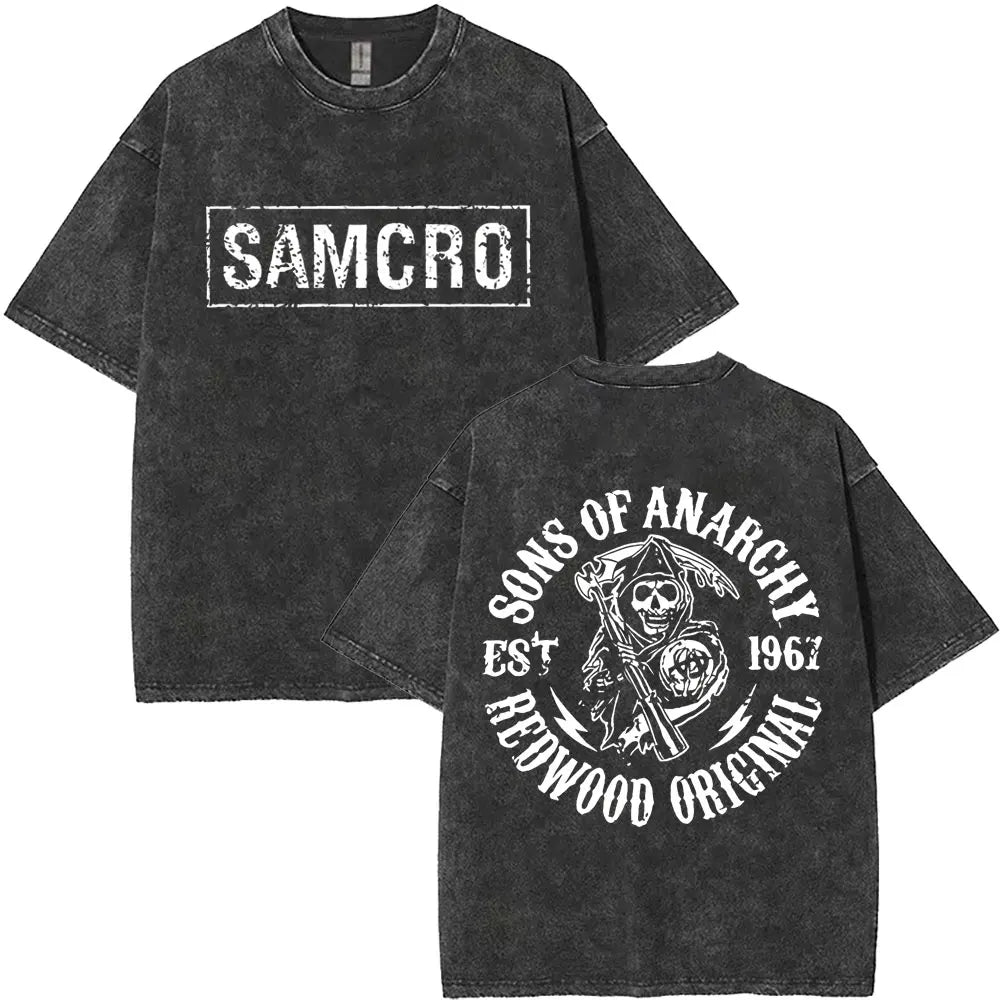 Limited Anarchy Son Samcro Vintage Wash T-shirt Men's and Women's Skeleton Hip Hop Rock Casual T-shirt Short Sleeve Top
