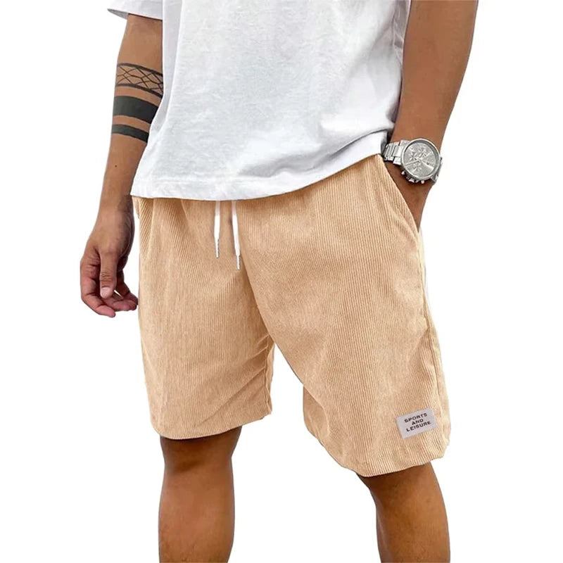 Summer Men's Solid Corduroy Shorts with Drawstring Casual Elastic Waist Fit for Outdoor Daily Activities Streetwear