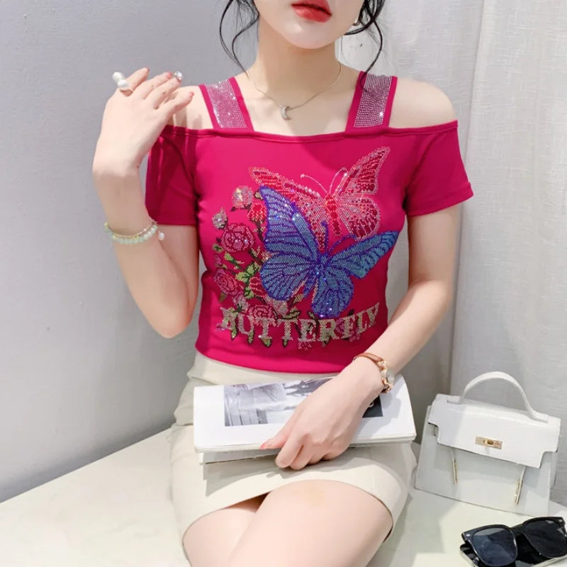 M-3XL Streetwear Luxury Flower Hot Diamonds T-Shirt Women Summer Fashion Sexy Off Shoulder Slim Mesh Tops Female Chic Tees