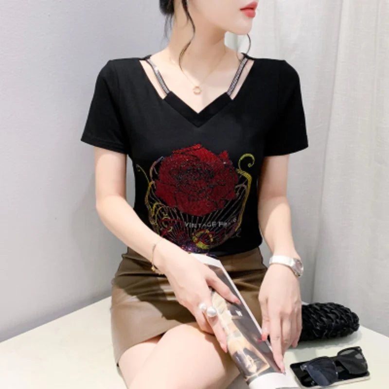 M-3XL Streetwear Luxury Flower Hot Diamonds T-Shirt Women Summer Fashion Sexy Off Shoulder Slim Mesh Tops Female Chic Tees