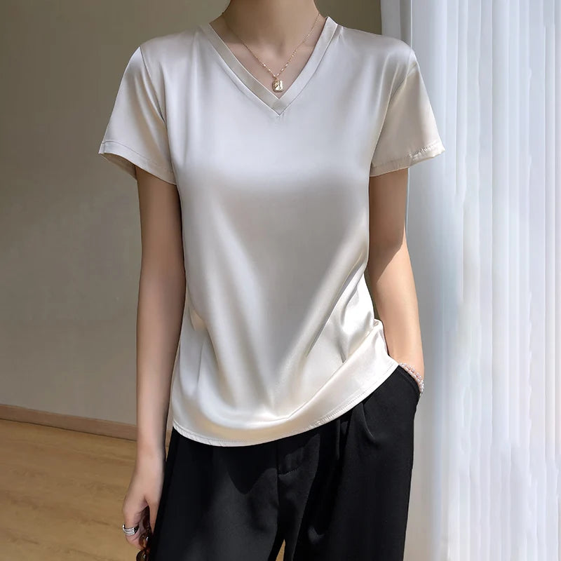 2024 Summer Basic Solid Women's T-Shirts V-Neck Short Sleeve Tees Tops  Satin Silk Elegant Thin Shirts for Female