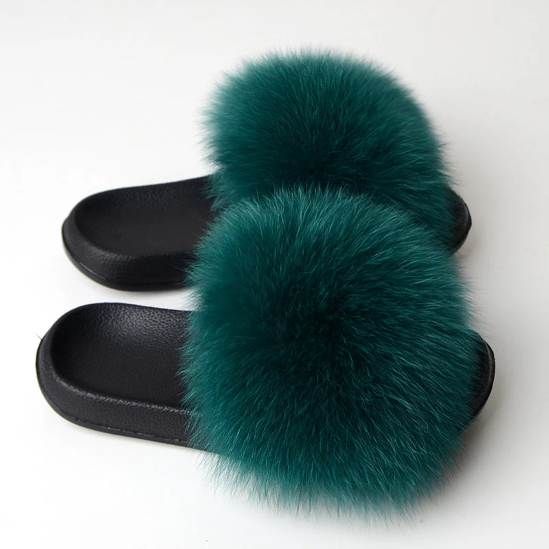 Real Fox Fur Slippers Women Fluffy Slippers With Fur Fashion Beach Shoes Plus Size Shoes Natural Fur Slippers Woman Home Slipper