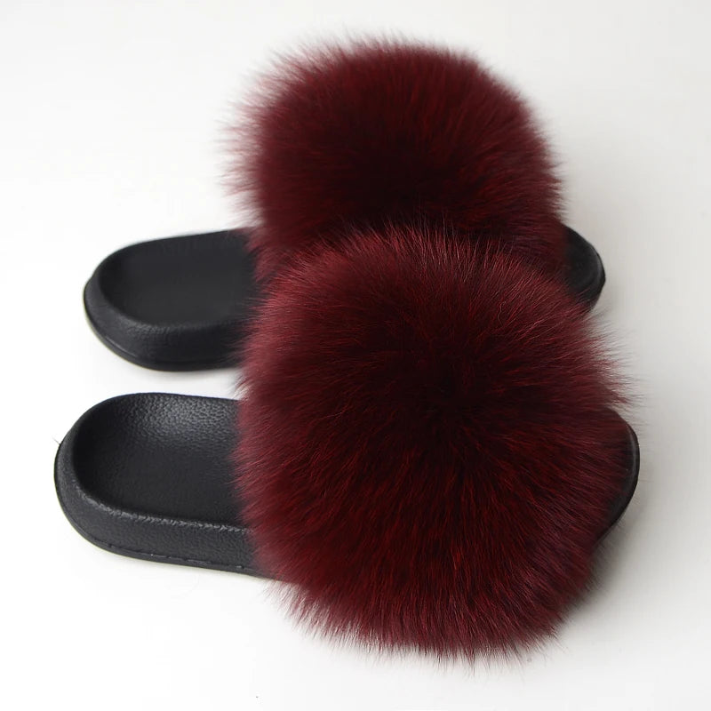 Real Fox Fur Slippers Women Fluffy Slippers With Fur Fashion Beach Shoes Plus Size Shoes Natural Fur Slippers Woman Home Slipper