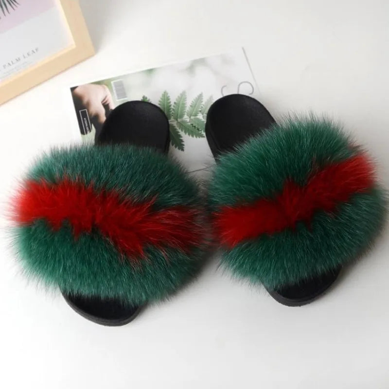 Real Fox Fur Slippers Women Fluffy Slippers With Fur Fashion Beach Shoes Plus Size Shoes Natural Fur Slippers Woman Home Slipper