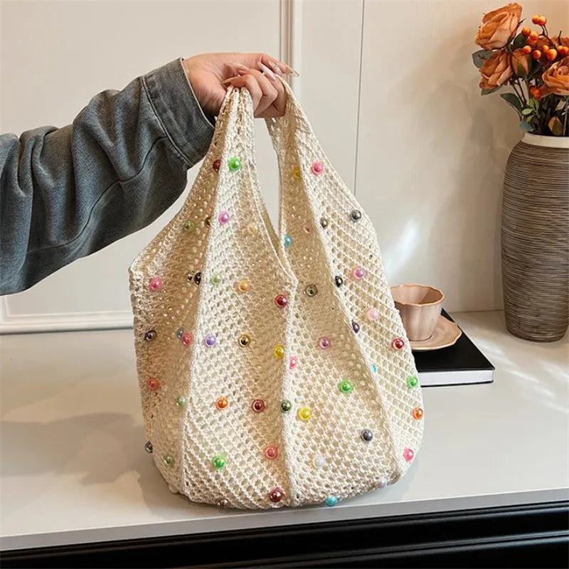 Summer Commuting Woven Bag for Women Single Armpit Bag, Fashion Large Capacity Tote Bag, Beach Pearl Hollow Handbag Shoulder Bag