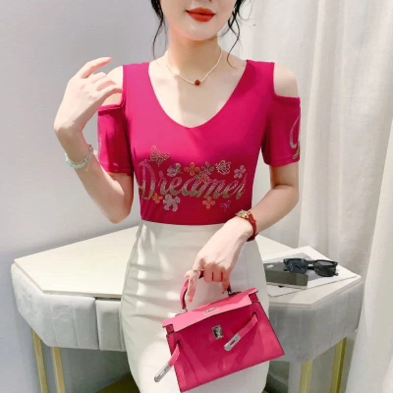 M-3XL Streetwear Luxury Flower Hot Diamonds T-Shirt Women Summer Fashion Sexy Off Shoulder Slim Mesh Tops Female Chic Tees