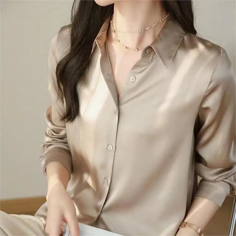 Spring Autumn Elagant Satin Women's Blouse 2025 New Long Sleeve Turn-down Collar Korean Casual Loose Office Lady Shirts Female