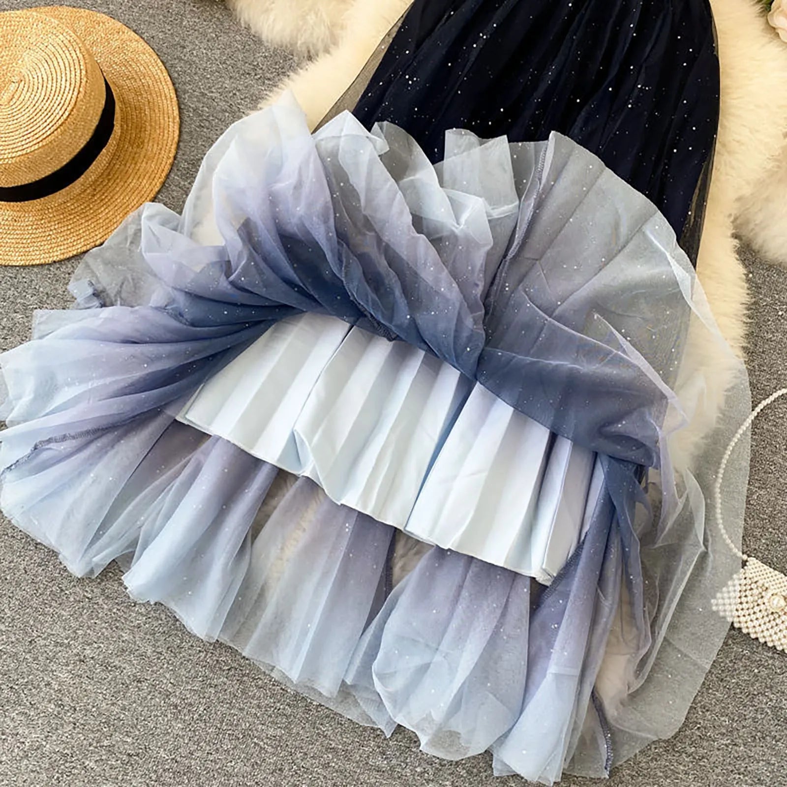 Skirts for Women Short Women's Fairy Tulle SKIRT Starry Sky Gradient Color Mesh Skirt High Waist A Line Pleated Skirt Plaid
