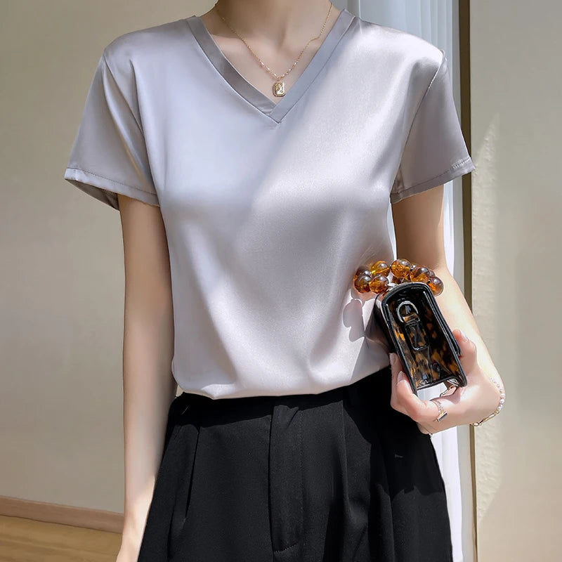 2024 Summer Basic Solid Women's T-Shirts V-Neck Short Sleeve Tees Tops  Satin Silk Elegant Thin Shirts for Female