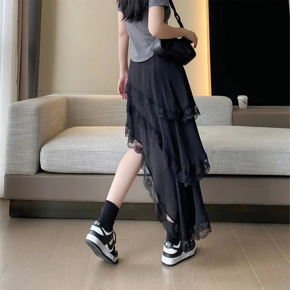 Korean Fashion Summer Women's Elastic Waist Solid Color Lace Hollow Out Patchwork Asymmetrical Sweet High Waist Mid-length Skirt