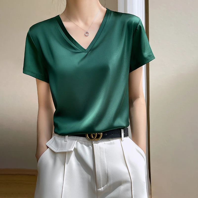 2024 Summer Basic Solid Women's T-Shirts V-Neck Short Sleeve Tees Tops  Satin Silk Elegant Thin Shirts for Female