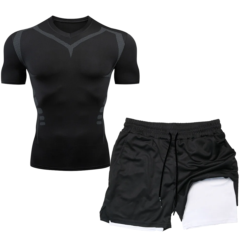Compression Set Running Sport Fitness Suit for Men Quick Dry Compression Shirt+Gym Shorts 2PCS Workout Summer Sportwear