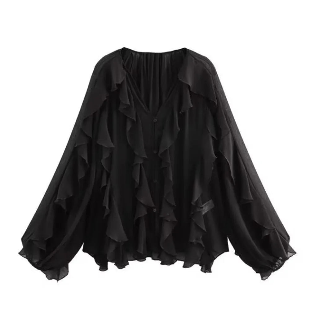 VEITCHE Spring Summer Women Fashion Casual Ruffles Blouses Semi-sheer Loose V Neck Tiered Single Breasted Solid Color Chic Tops