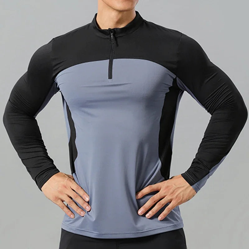 Men's Outdoor Sports Climbing Hiking Long Sleeve Stand Collar Zip-up Quick-drying Breathable Sweat-absorbent Elasticity T-shirt