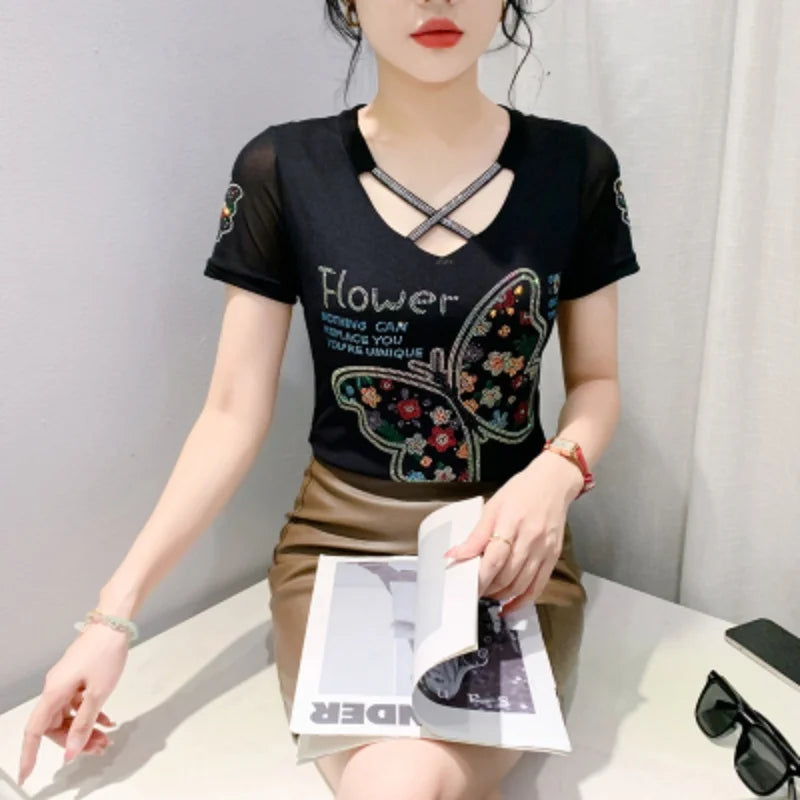 M-3XL Streetwear Luxury Flower Hot Diamonds T-Shirt Women Summer Fashion Sexy Off Shoulder Slim Mesh Tops Female Chic Tees