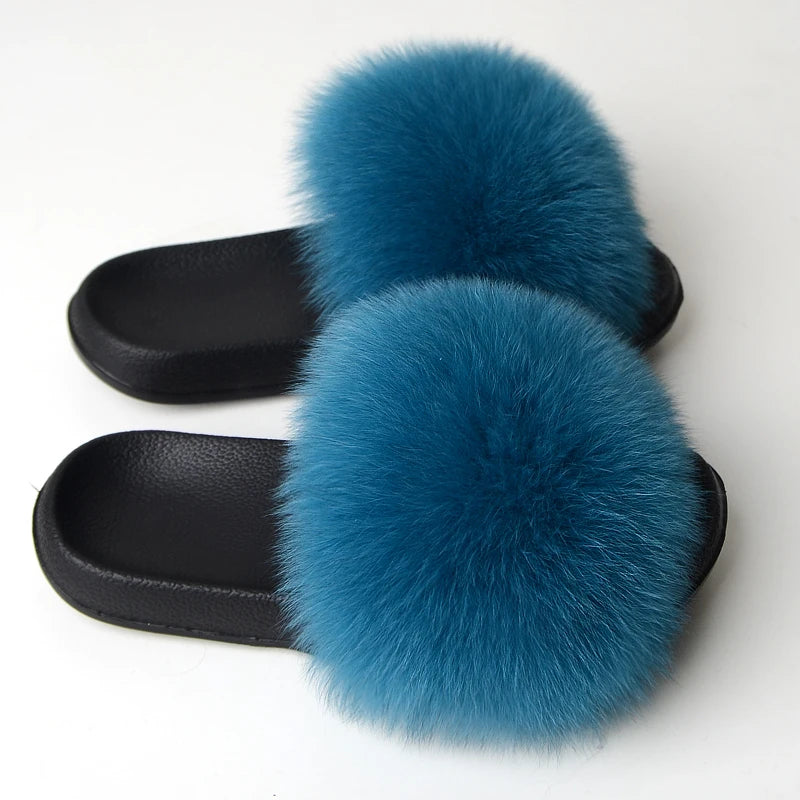 Real Fox Fur Slippers Women Fluffy Slippers With Fur Fashion Beach Shoes Plus Size Shoes Natural Fur Slippers Woman Home Slipper