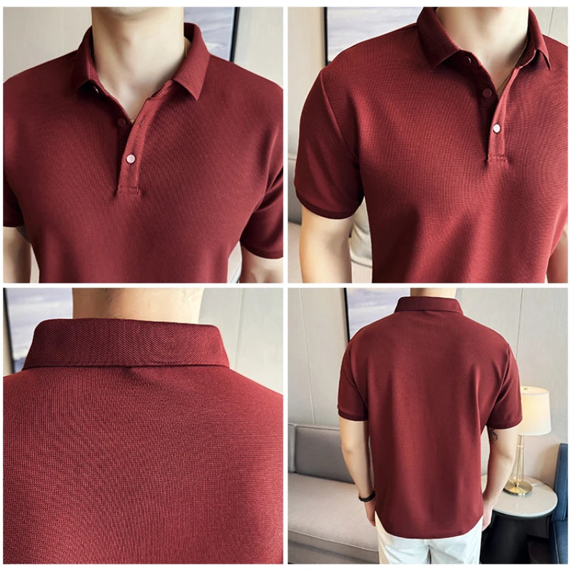 Solid Color Men's Business-casual POLO Shirt, Slim-fit Stretchable Polo Shirt with Polo Collar, Short Sleeve T-shirt for Summer.