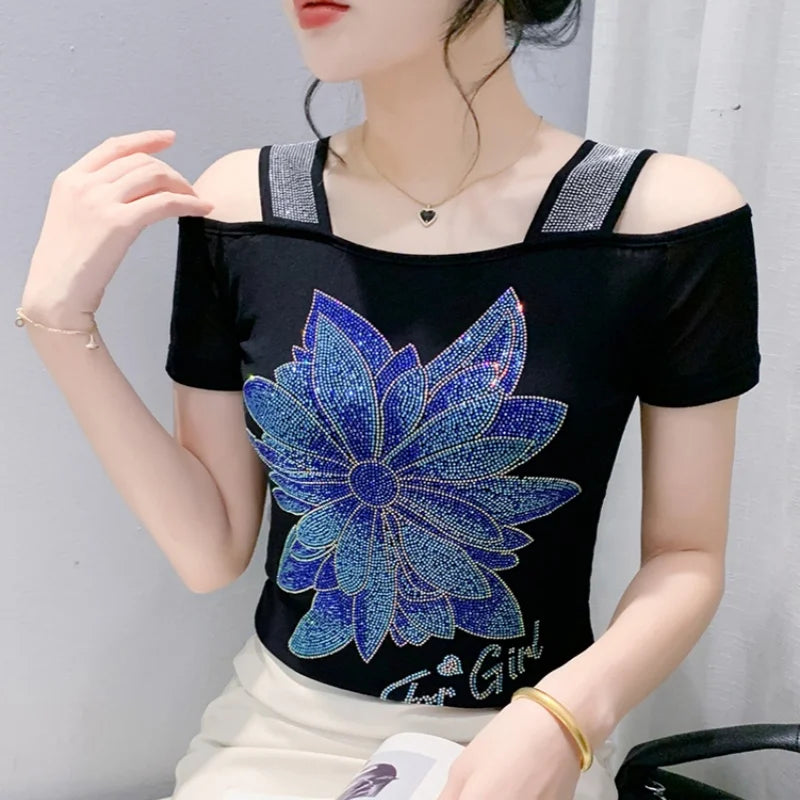 M-3XL Streetwear Luxury Flower Hot Diamonds T-Shirt Women Summer Fashion Sexy Off Shoulder Slim Mesh Tops Female Chic Tees