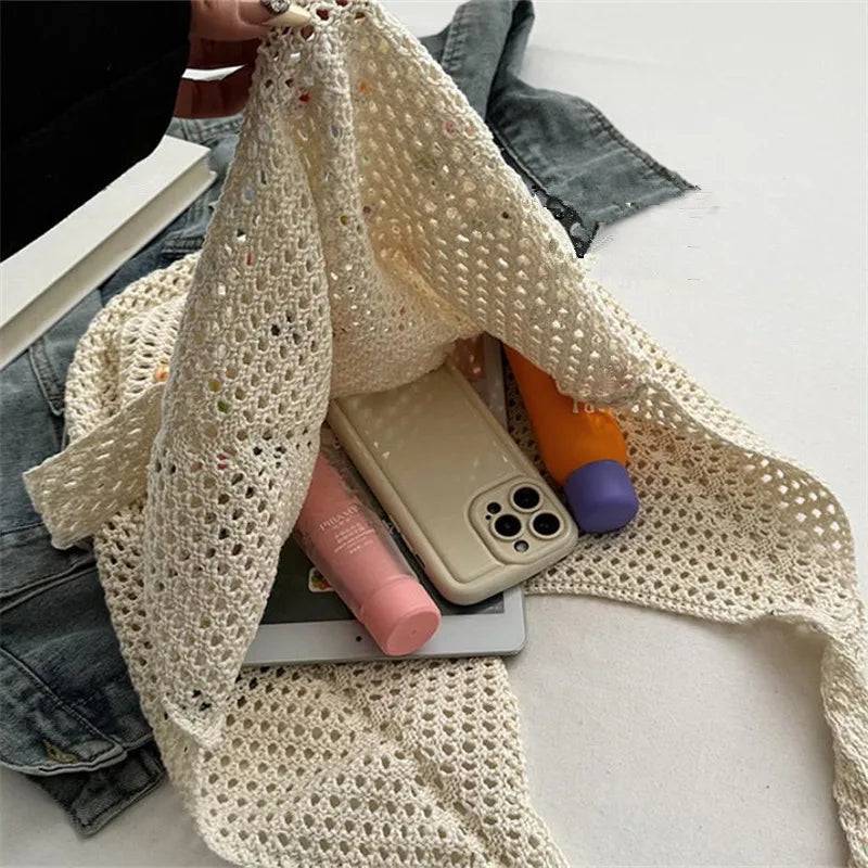 Summer Commuting Woven Bag for Women Single Armpit Bag, Fashion Large Capacity Tote Bag, Beach Pearl Hollow Handbag Shoulder Bag