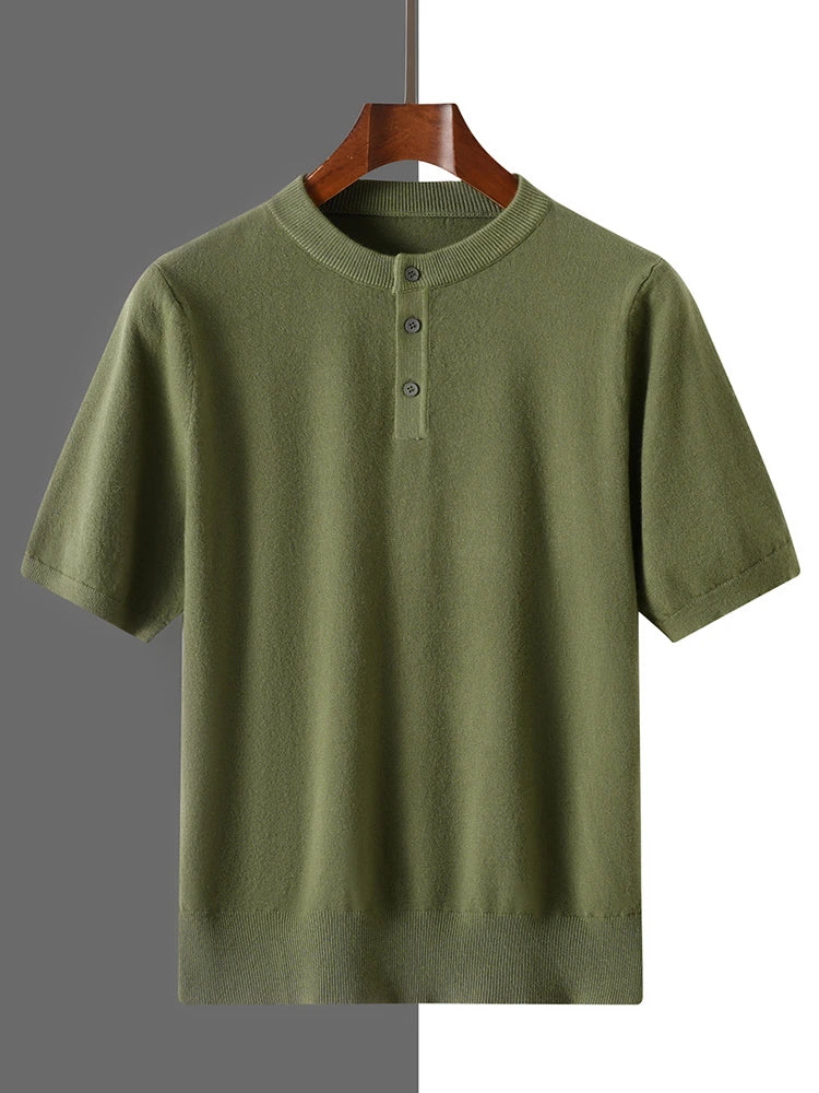 2025 Summer Men's Henley Neck Knitted Solid Color Male Tops T-shirts Comfortable Breathable Short-Sleeved Tee for Casual Wear