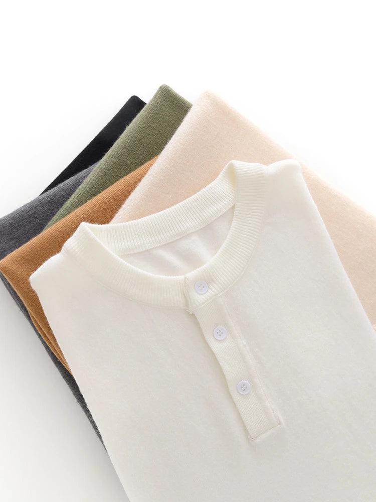 2025 Summer Men's Henley Neck Knitted Solid Color Male Tops T-shirts Comfortable Breathable Short-Sleeved Tee for Casual Wear