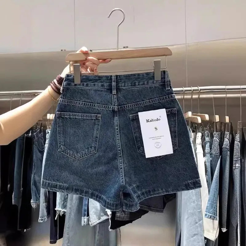 2025 Summer Denim Shorts Women's Trendy Versatile High-Waisted Loose-Fit Straight-Leg Casual Mid-Length Wide-Leg Vintage Pants